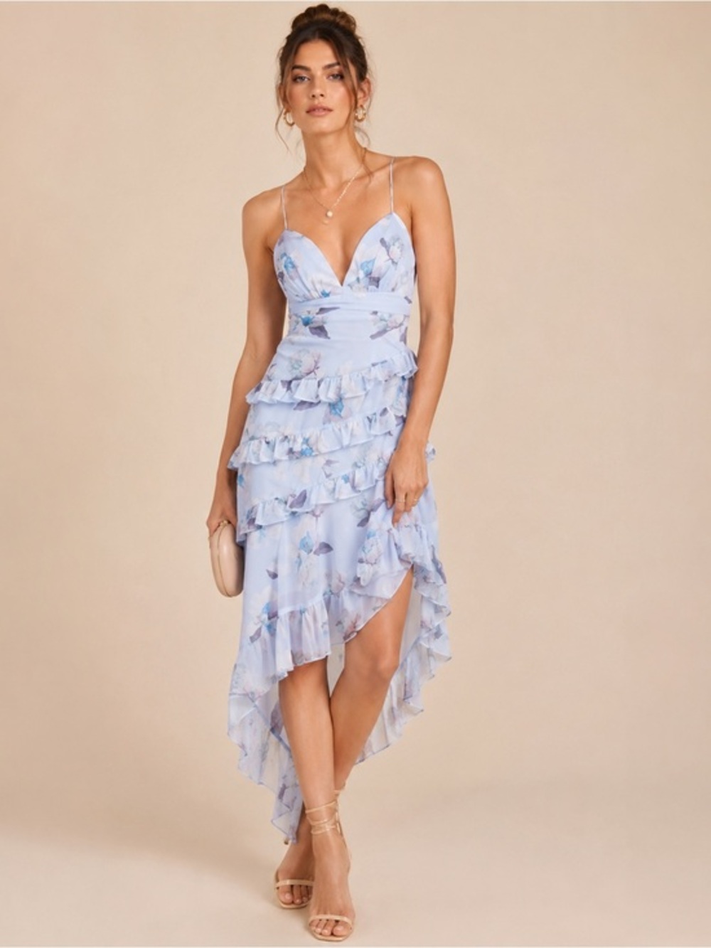 NEW Lulus Saveria Light Blue Floral Ruffle Asymmetrical Maxi Dress XS Party